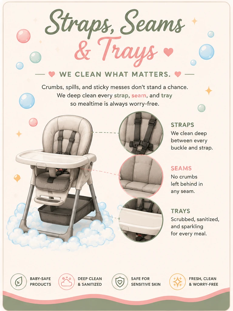 Straps, seams and trays — high chair harnesses cleaned between every buckle, no crumbs left in any seam, and trays scrubbed and sanitized.