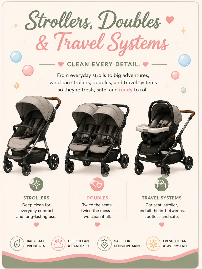 Strollers, doubles and travel systems — everyday strollers, double strollers, and car seat and stroller travel systems, all deep cleaned.
